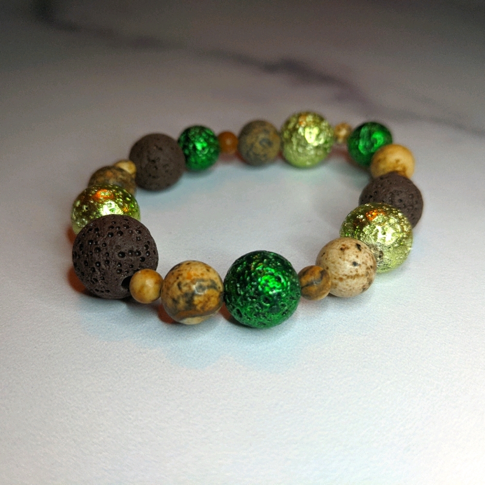 Handcrafted wooden lava and green bracelet